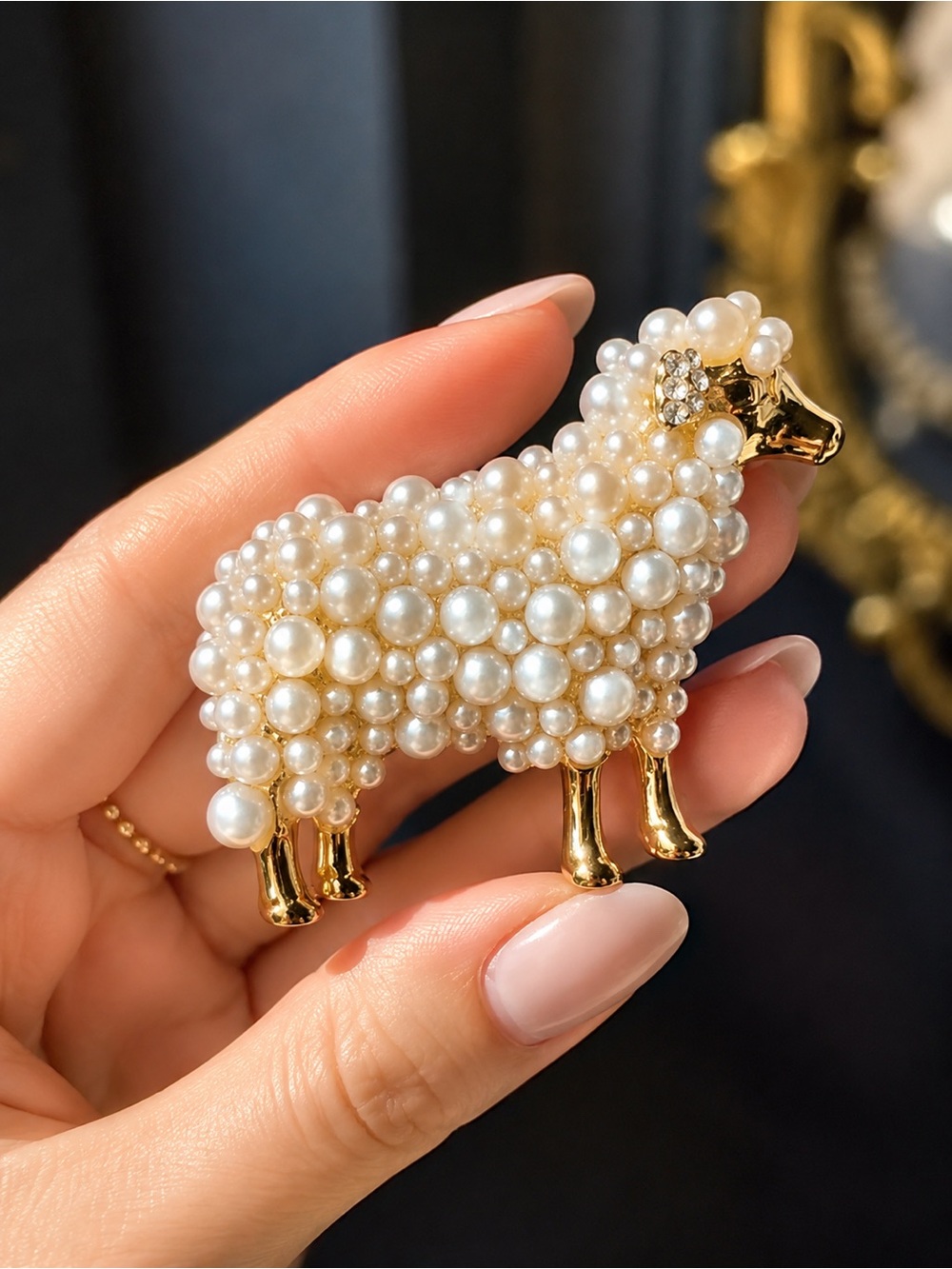 White Pearl accent Sheep Brooch - Gold & Cream/white tones